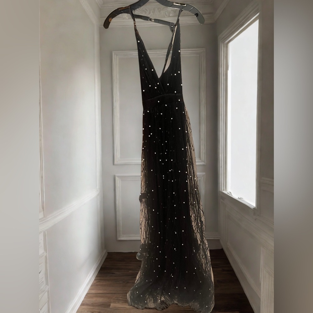 Black Tulle Maxi Gown with Pearl & Sequin Embellishments size-S